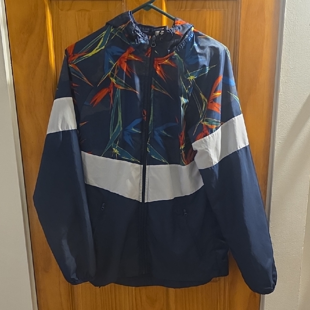 Russell Athletic Navy Windbreaker with Floral Accent and White Stripe